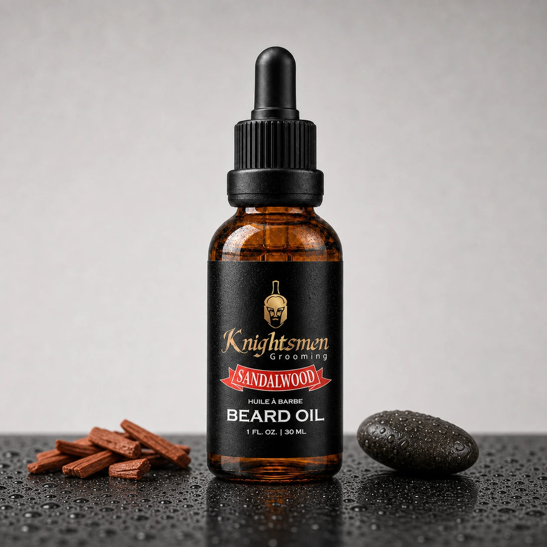 Knightsmen Sandalwood Beard Oil lifestyle shot — premium organic beard care for men, reduces beardruff