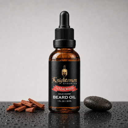 Knightsmen Sandalwood Beard Oil lifestyle shot — premium organic beard care for men, reduces beardruff
