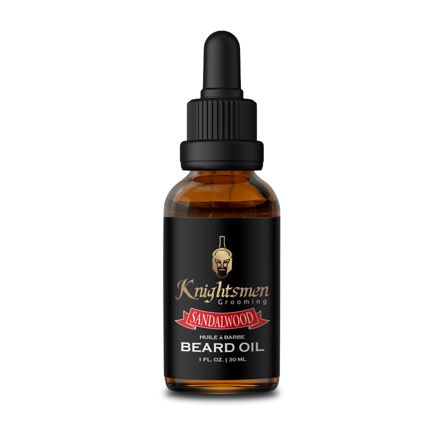 Sandalwood organic beard oil for men by Knightsmen Grooming in amber glass bottle