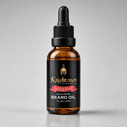 Sandalwood Beard Oil by Knightsmen Grooming — organic argan and jojoba formula for beard growth and itch relief