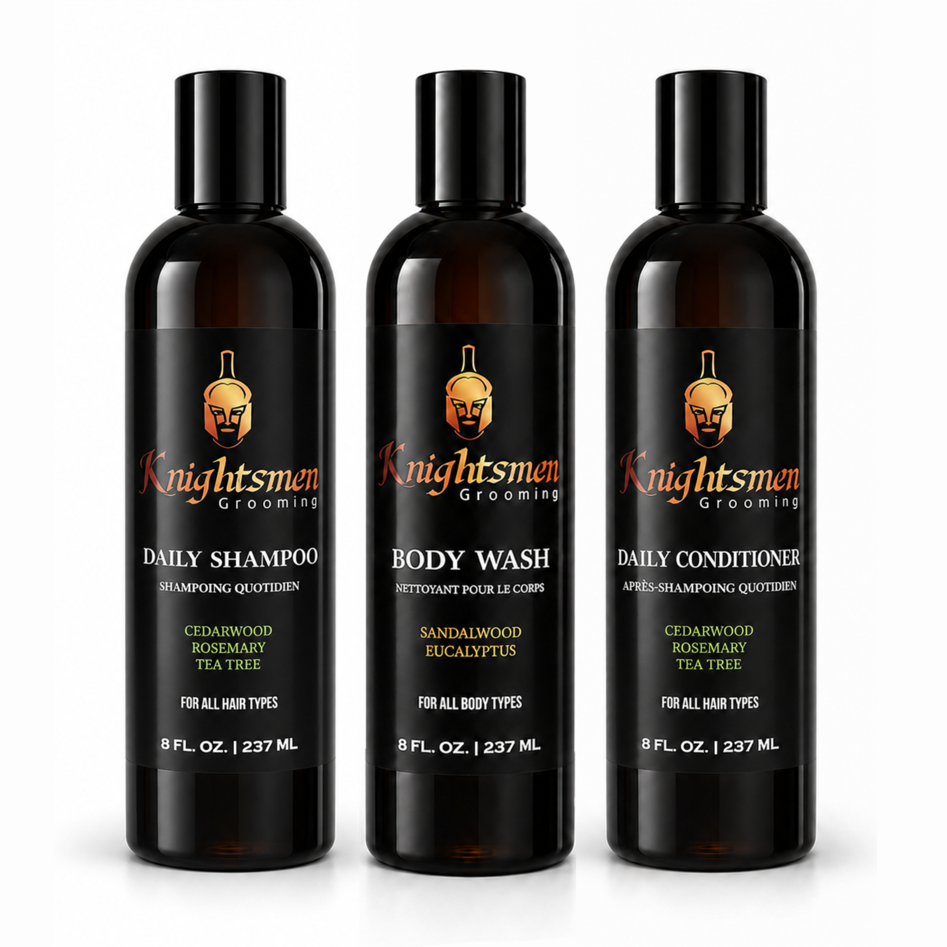 Knightsmen Grooming Rosemary Shampoo and Conditioner Bundle with Organic Body Wash – Natural Hair Growth and Body Care Set for Men
