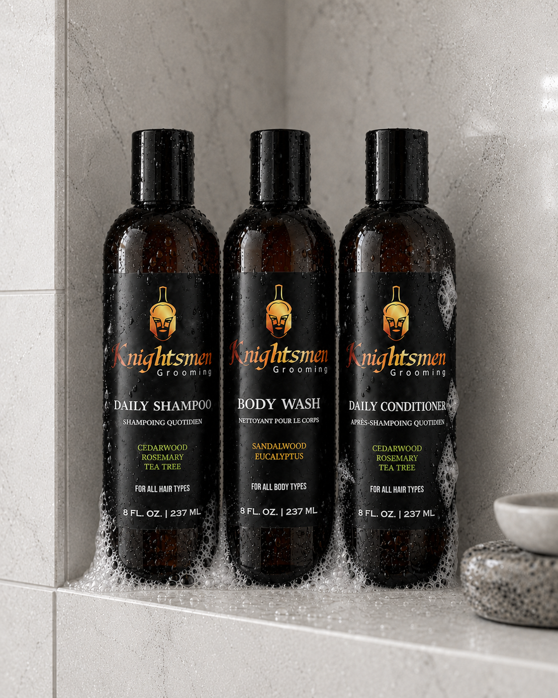 Knightsmen Grooming Rosemary Shampoo Conditioner and Body Wash Bundle – Natural Hair Care Trio with Vitamin E and Tea Tree