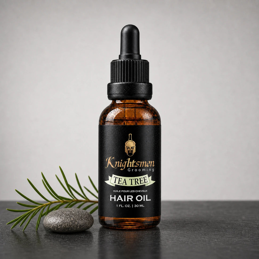 Knightsmen Tea Tree Hair Oil lifestyle shot — organic scalp-care oil for men, relieves itchiness and dandruff