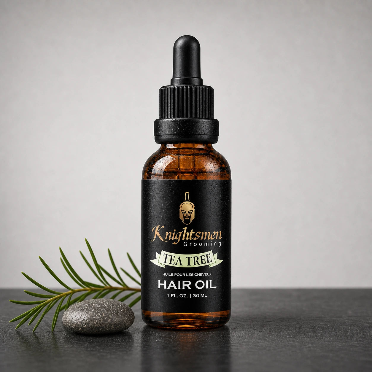 Knightsmen Tea Tree Hair Oil lifestyle shot — organic scalp-care oil for men, relieves itchiness and dandruff