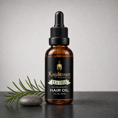 Knightsmen Tea Tree Hair Oil lifestyle shot — organic scalp-care oil for men, relieves itchiness and dandruff