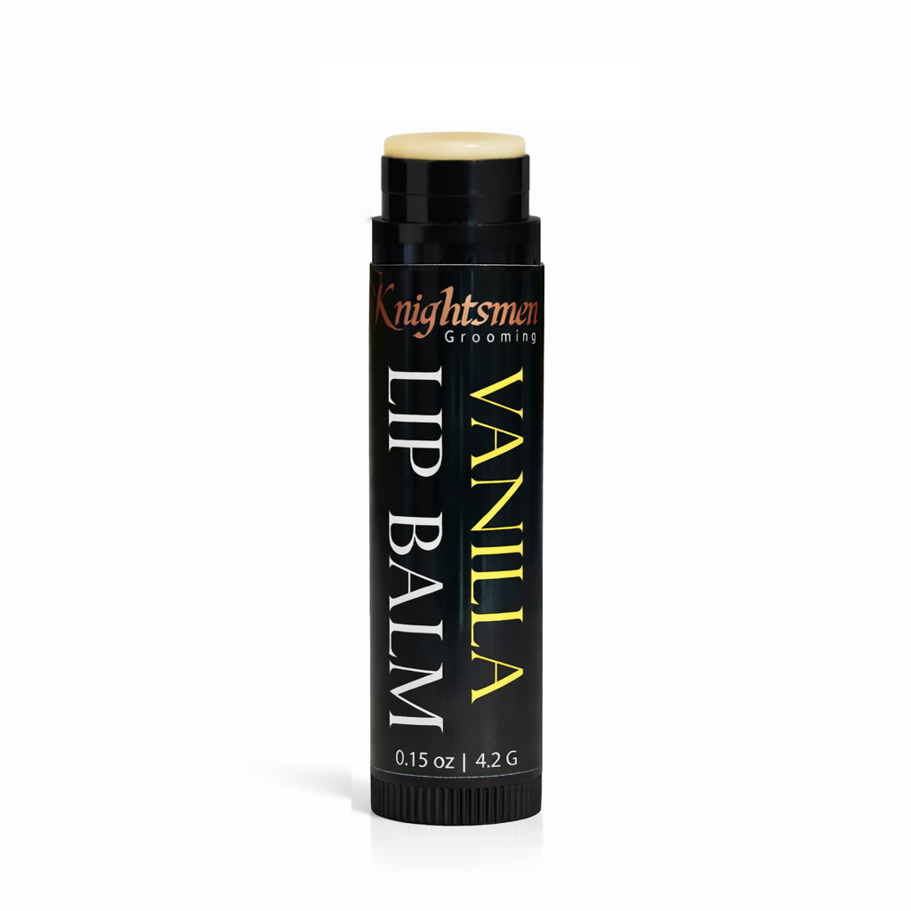 Vanilla lip balm tube close-up showing natural balm formula for men
