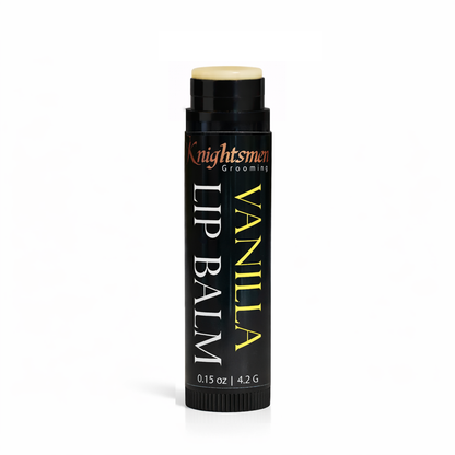 Vanilla lip balm tube close-up showing natural balm formula for men
