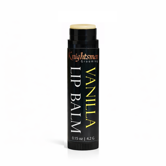 Vanilla lip balm tube close-up showing natural balm formula for men
