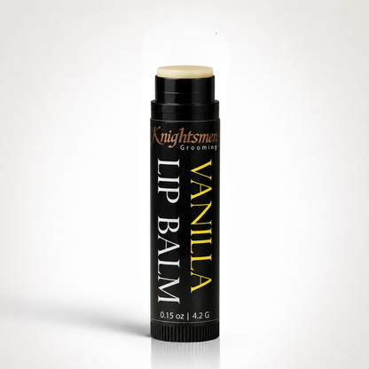 Knightsmen Grooming Organic Vanilla Lip Balm Open – Natural Vanilla Scented Hydrating Formula with Beeswax, Shea Butter and Jojoba Oil