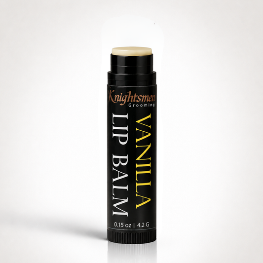 Knightsmen Grooming Organic Vanilla Lip Balm Open – Natural Vanilla Scented Hydrating Formula with Beeswax, Shea Butter and Jojoba Oil